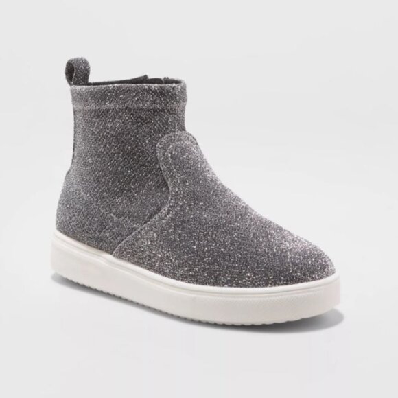 NIB Cat & Jack Girl's Annora Sock Top Metallic Silver Sneaker Boot, Size Kids 13 - Picture 1 of 8